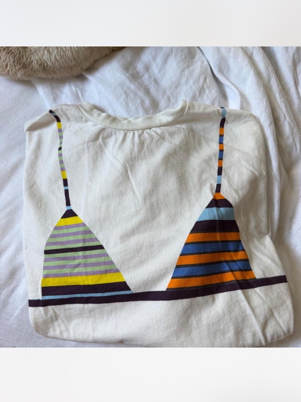 SHEIN White Tee with Multicolor Striped Bikini Print